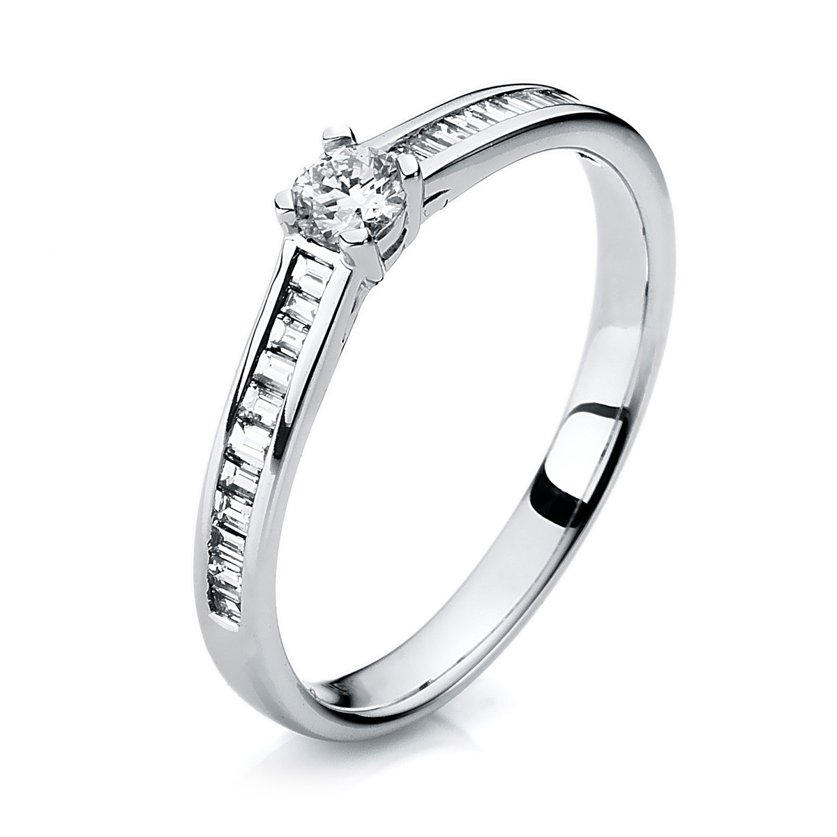 Solitaire Ring mit Seitenbesatz4er-Krappe 14kt Weißgold mit 0,37ct Diamanten