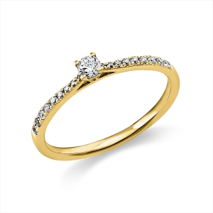 Solitaire Ring mit Seitenbesatz4er-Krappe 14kt Gelbgold mit 0,22ct Diamanten