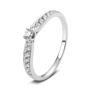 Solitaire Ring mit Seitenbesatz4er-Krappe 14kt Weißgold mit 0,26ct Diamanten