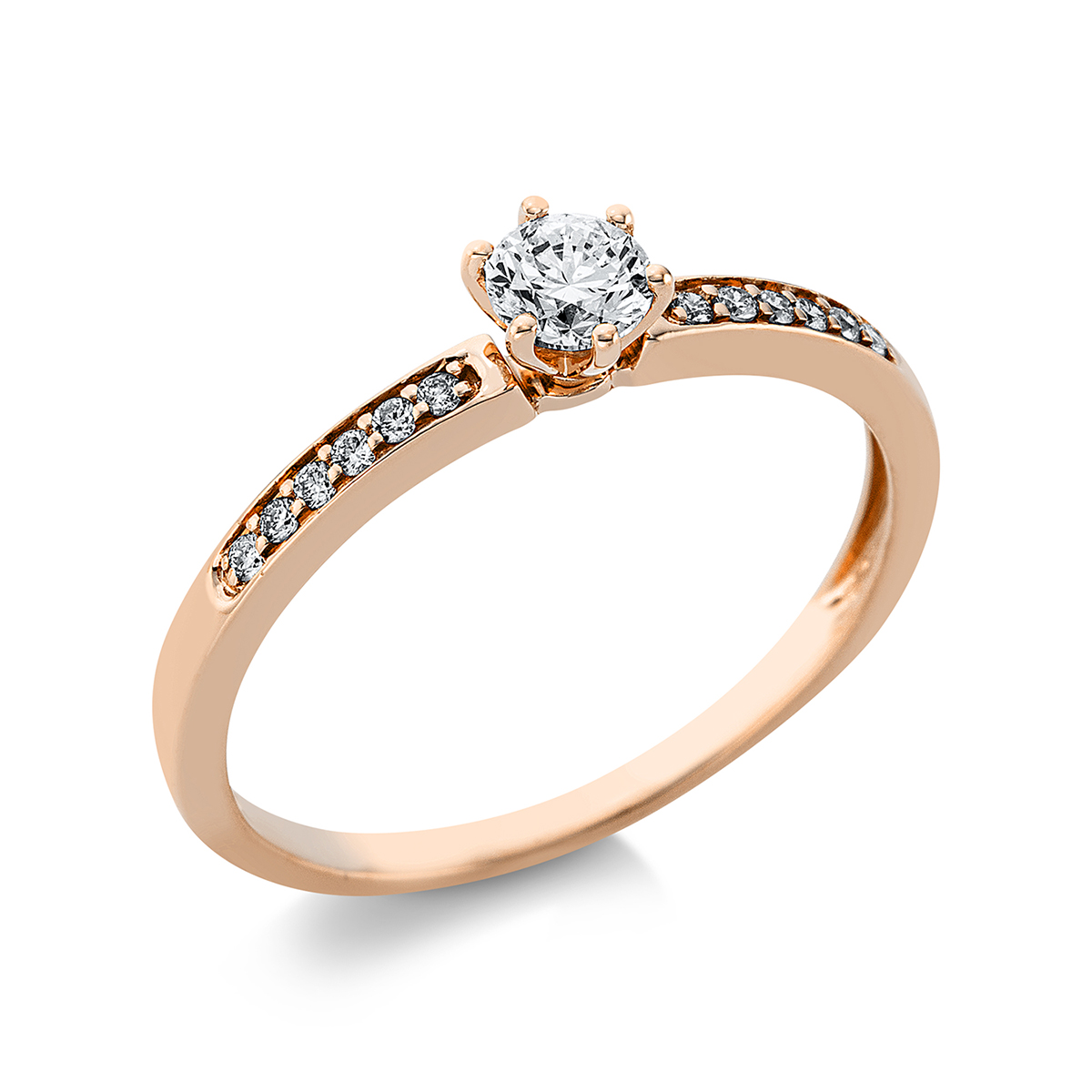 Solitaire Ring mit Seitenbesatz6er-Krappe 18kt Rotgold mit 0,31ct Diamanten