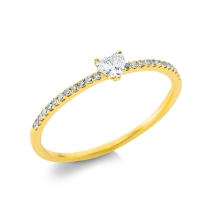 Solitaire Ring mit Seitenbesatz3er-Krappe 18kt Gelbgold  Herz mit 0,20ct Diamanten