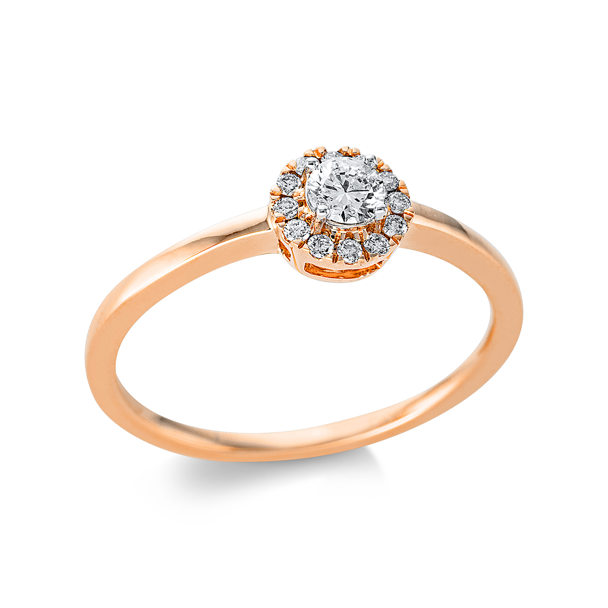 Solitaire Ring mit Seitenbesatz4er-Krappe 18kt Rotgold mit 0,24ct Diamanten