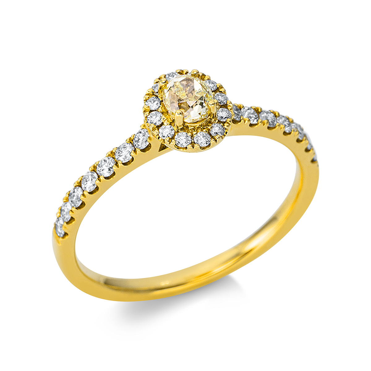 Solitaire Ring mit Seitenbesatz4er-Krappe 18kt Gelbgold mit 0,49ct Diamanten