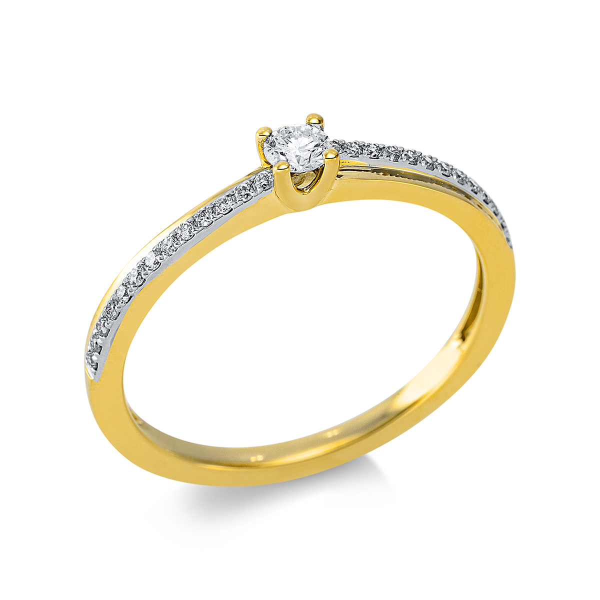 Solitaire Ring mit Seitenbesatz 18kt Gelbgold mit 0,19ct Diamanten