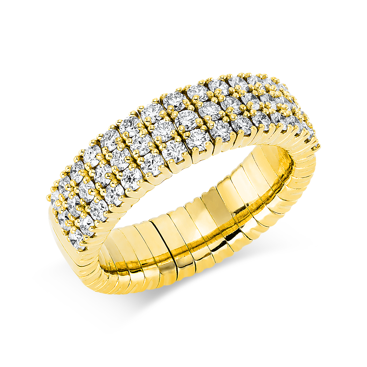 Pavé Ring 4er-Krappe 18kt Gelbgold Flex-Band, variabel mit 1,16ct Diamanten