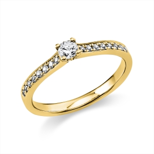 Solitaire Ring mit Seitenbesatz4er-Krappe 14kt Gelbgold mit 0,29ct Diamanten