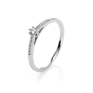 Solitaire Ring mit Seitenbesatz6er-Krappe 18kt Weißgold mit 0,08ct Diamanten