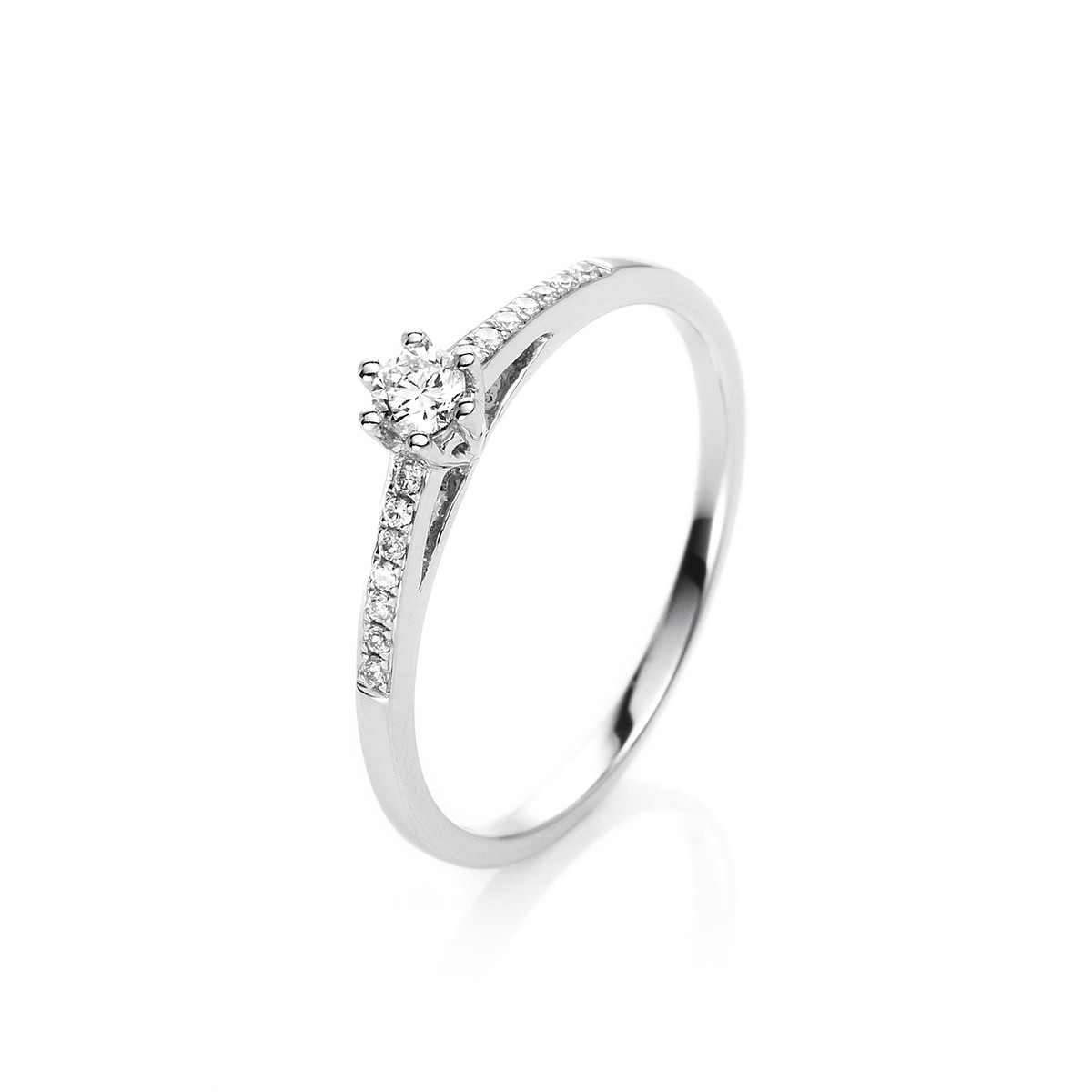 Solitaire Ring mit Seitenbesatz6er-Krappe 18kt Weißgold mit 0,18ct Diamanten