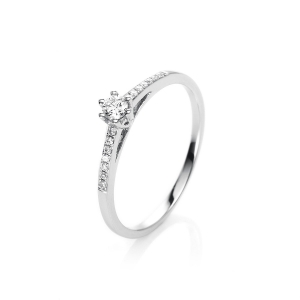 Solitaire Ring mit Seitenbesatz6er-Krappe 18kt Weißgold mit 0,18ct Diamanten