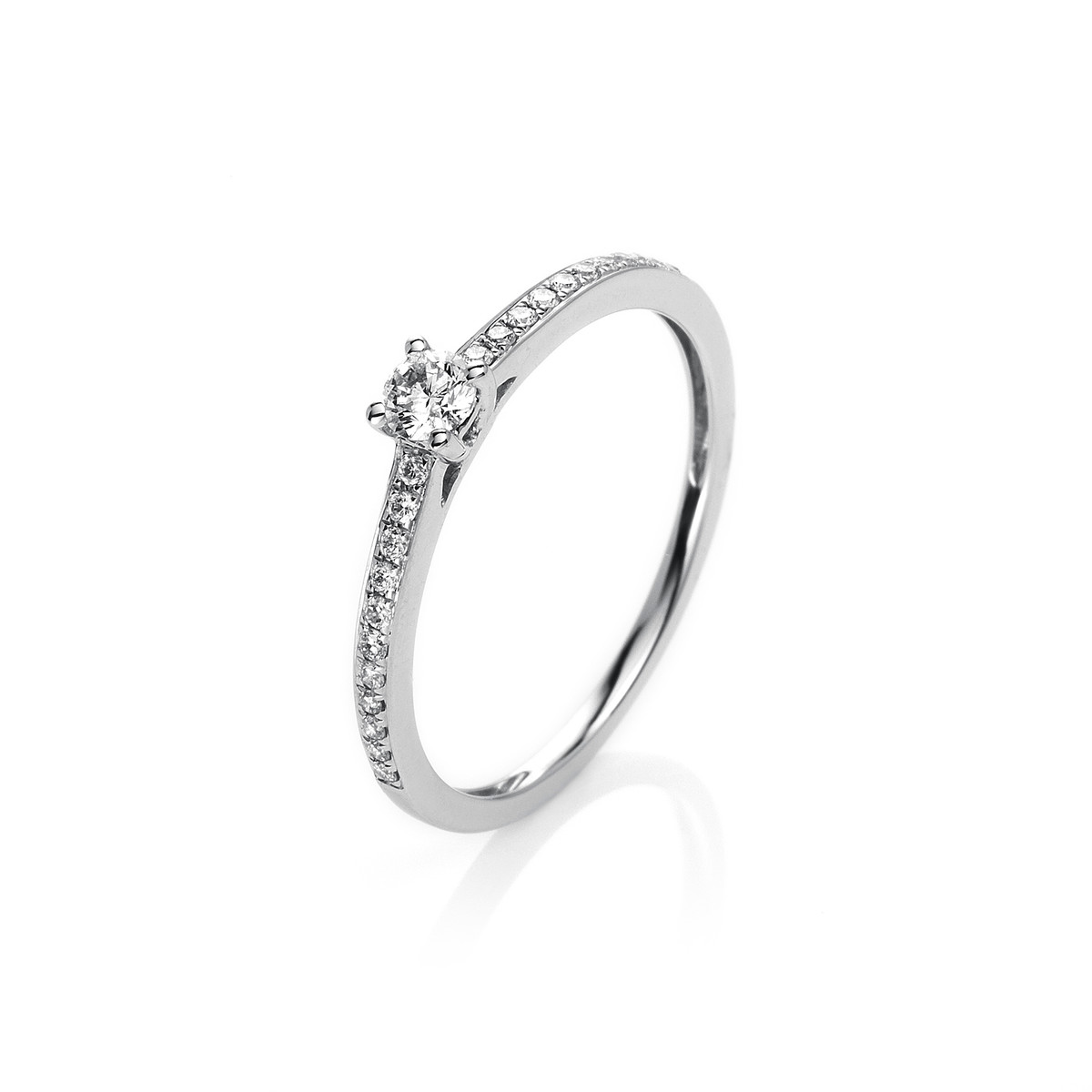 Solitaire Ring mit Seitenbesatz4er-Krappe 18kt Weißgold mit 0,26ct Diamanten