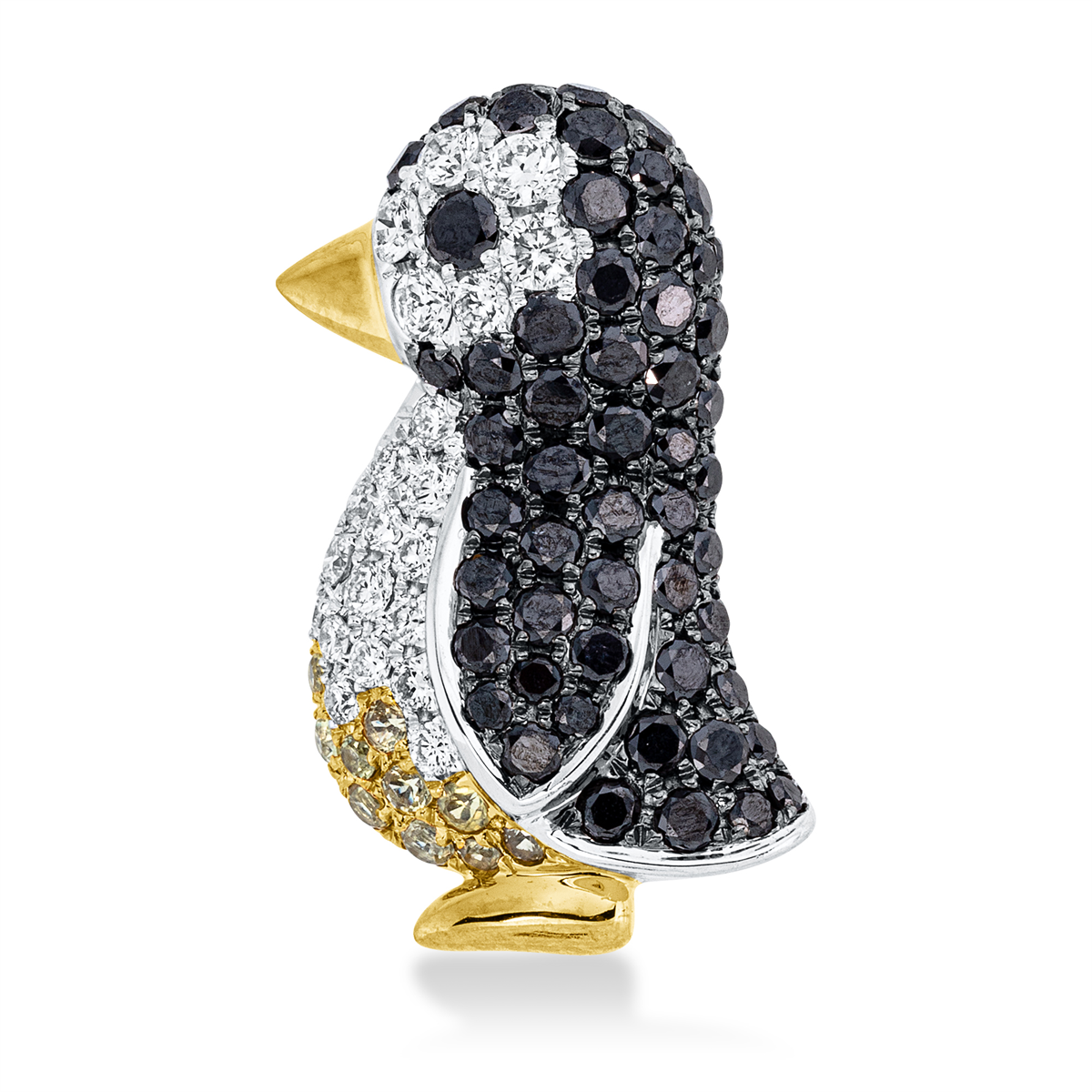 Brosche 18 kt WG+GG Pinguin, Fassung teils schwarz rhodini