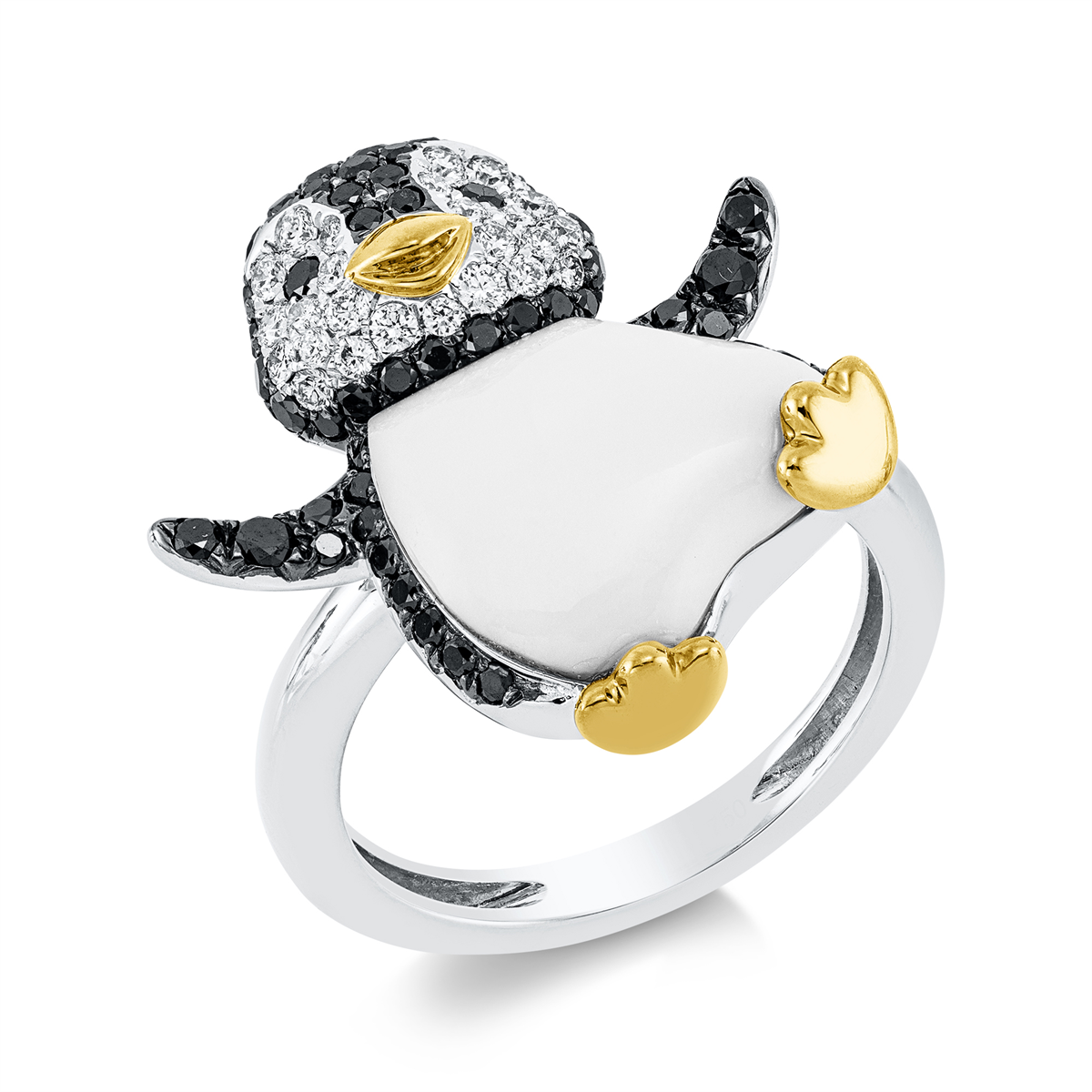 Ring 18 kt WG+GG Pinguin, Fassung teils schwarz rhodinie