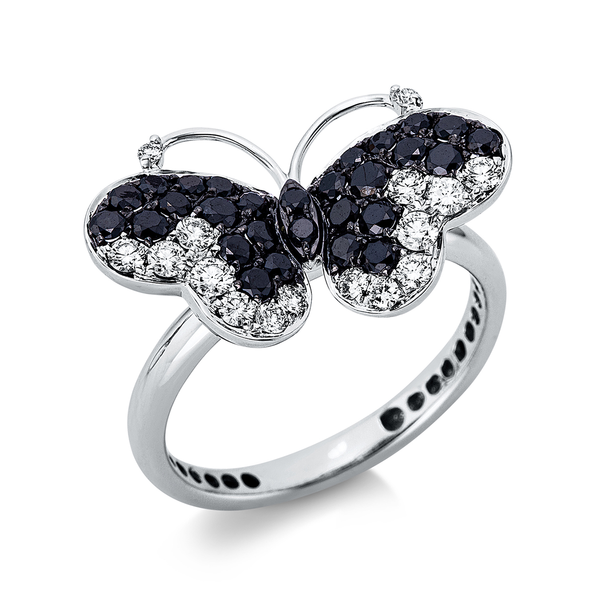 Ring  18kt Weißgold Fassung teils schwarz rhodinie Schmetterling mit 0,95ct Diamanten