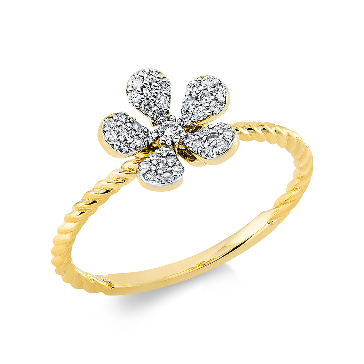 Ring  18kt Gelbgold Fassung rhodiniert Blume mit 0,20ct Diamanten