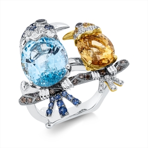 Ring 18 kt WG+GG Vogel, Fassung teils schwarz rhodinie