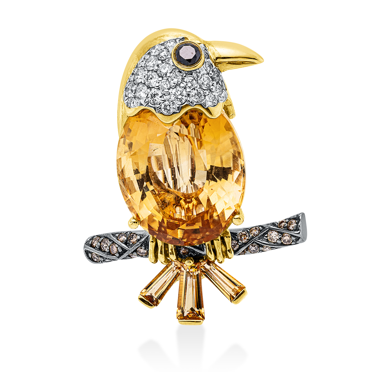 Brosche 18 kt GG+WG Vogel, Fassung rhodiniert