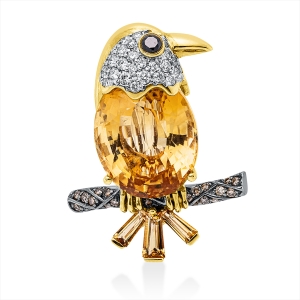 Brosche 18 kt GG+WG Vogel, Fassung rhodiniert