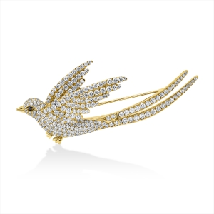 Brosche 18 kt GG Vogel, Fassung teils schwarz rhodinie