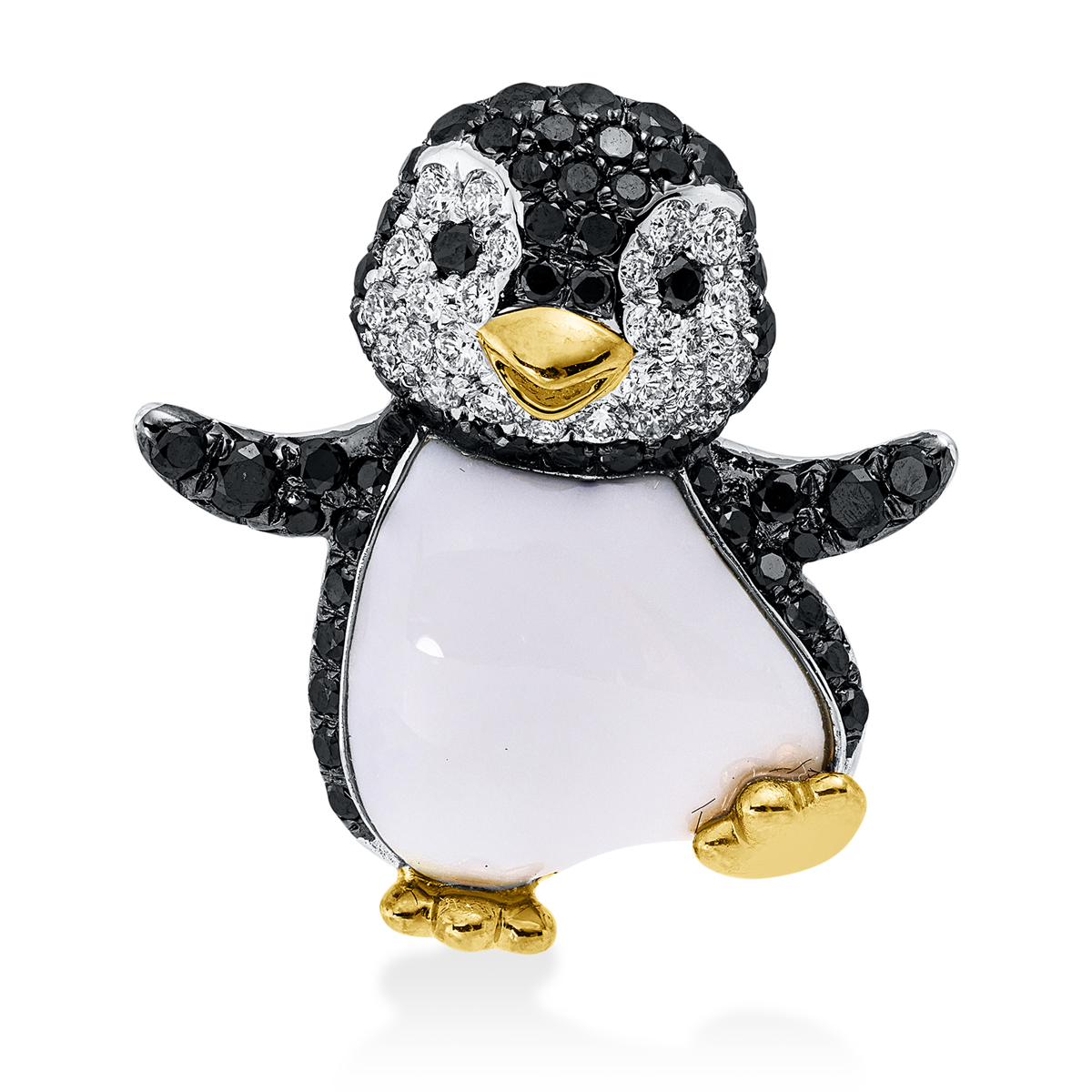 Anhänger 18 kt WG+GG pinguin, Fassung teils schwarz rhodin