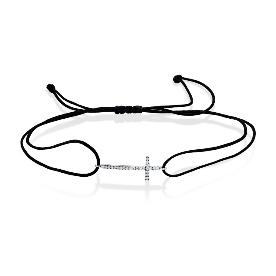 Armband 14 kt WG Kreuz, schwarzes Band